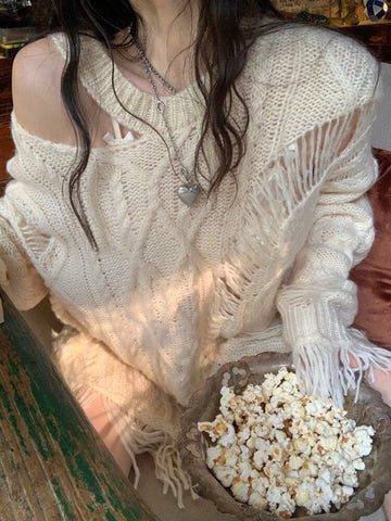 Grunge Hollow Out Sweater Women Harajuku Kpop Oversized Knitted Pullover Lazy Style Off Shoulder Jumper Y2K Tops Korean